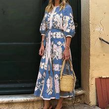 Load image into Gallery viewer, Lipswag Women Plus Size Retro Printed Lantern Sleeve Dress Autumn Casual O-neck Party Dresses Fashion Loose Belt Dress Vestidos