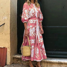Load image into Gallery viewer, Lipswag Women Plus Size Retro Printed Lantern Sleeve Dress Autumn Casual O-neck Party Dresses Fashion Loose Belt Dress Vestidos