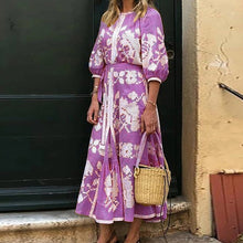 Load image into Gallery viewer, Lipswag Women Plus Size Retro Printed Lantern Sleeve Dress Autumn Casual O-neck Party Dresses Fashion Loose Belt Dress Vestidos