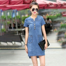 Load image into Gallery viewer, Plus Size 5XL Summer Style Denim Dresses Women V-Neck Short Sleeve Slim Jeans Dress With Pockets Vestidos Women Clothing
