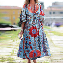 Load image into Gallery viewer, Lipswag Women Plus Size Retro Printed Lantern Sleeve Dress Autumn Casual O-neck Party Dresses Fashion Loose Belt Dress Vestidos