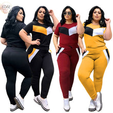 Load image into Gallery viewer, Plus Size 2 Piece Set Women Tracksuits Patchwork Crop Top Short Sleeve Leggings Jogger Sport Suit Stretch Wholesale Dropshipping