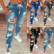Load image into Gallery viewer, Drawstring Denim Jeans For Women Ripped Hole Stretch Jean Ladies Plus Size Full Length Pencil Pants