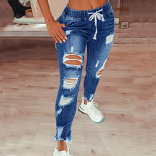 Load image into Gallery viewer, Drawstring Denim Jeans For Women Ripped Hole Stretch Jean Ladies Plus Size Full Length Pencil Pants