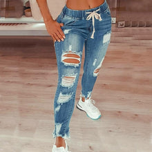 Load image into Gallery viewer, Drawstring Denim Jeans For Women Ripped Hole Stretch Jean Ladies Plus Size Full Length Pencil Pants