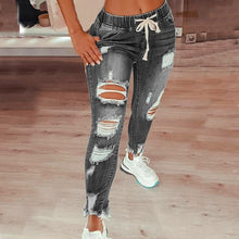 Load image into Gallery viewer, Drawstring Denim Jeans For Women Ripped Hole Stretch Jean Ladies Plus Size Full Length Pencil Pants