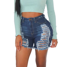 Load image into Gallery viewer, Plus Size Light Blue Ripped Cut Out Denim Shorts With Tassel Women Streetwear High Waist Hollow Out Sexy Hole Jean Shorts Female