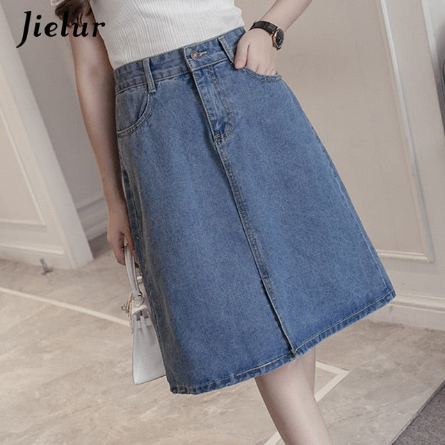 Jielur Summer Jeans Skirt Women Young Chic Harajuku Skirts Denim Ladies Novelty Street Leisure High Waist A Line Blue Jupe Femme