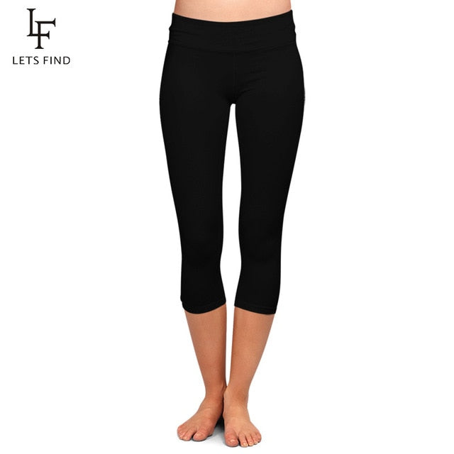 LETSFIND High Quaility Milk Silk Women High Waist Plus Size Fitness Capri Leggings Solid Black Elastic Soft Slim Mid-Calf Pants