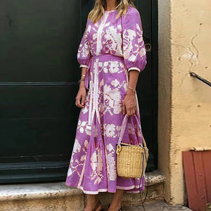 Lipswag Women Plus Size Retro Printed Lantern Sleeve Dress Autumn Casual O-neck Party Dresses Fashion Loose Belt Dress Vestidos