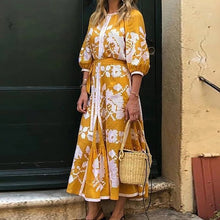 Load image into Gallery viewer, Lipswag Women Plus Size Retro Printed Lantern Sleeve Dress Autumn Casual O-neck Party Dresses Fashion Loose Belt Dress Vestidos
