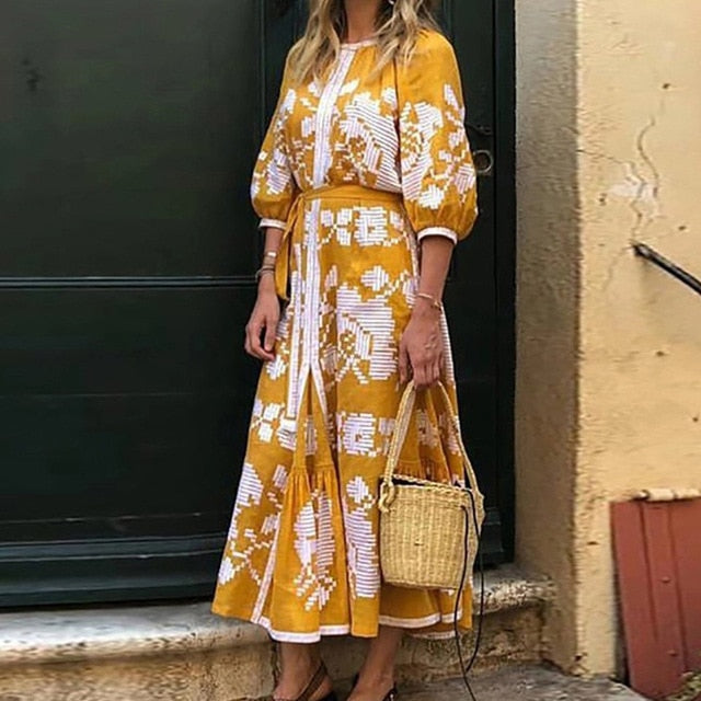 Lipswag Women Plus Size Retro Printed Lantern Sleeve Dress Autumn Casual O-neck Party Dresses Fashion Loose Belt Dress Vestidos