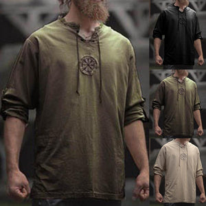 Men Plus Size Shirt Top Ancient Viking Embroidery Lace Up V Neck Long Sleeve Shirt Top For Men&#39;s Clothing