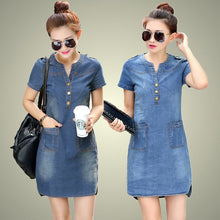 Load image into Gallery viewer, Plus Size 5XL Summer Style Denim Dresses Women V-Neck Short Sleeve Slim Jeans Dress With Pockets Vestidos Women Clothing
