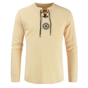 Men Plus Size Shirt Top Ancient Viking Embroidery Lace Up V Neck Long Sleeve Shirt Top For Men&#39;s Clothing
