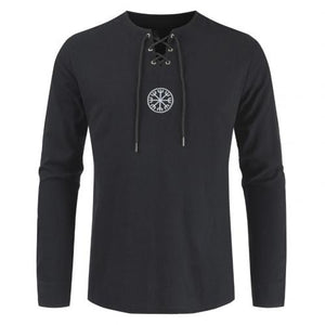 Men Plus Size Shirt Top Ancient Viking Embroidery Lace Up V Neck Long Sleeve Shirt Top For Men&#39;s Clothing