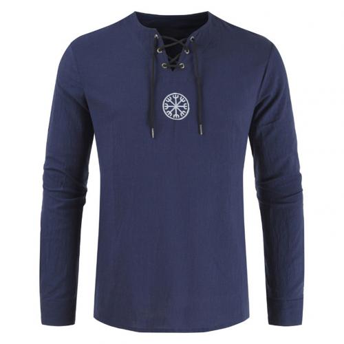 Men Plus Size Shirt Top Ancient Viking Embroidery Lace Up V Neck Long Sleeve Shirt Top For Men's Clothing