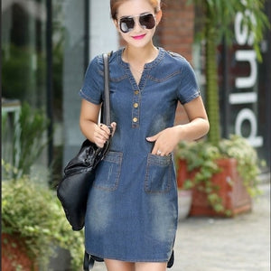Plus Size 5XL Summer Style Denim Dresses Women V-Neck Short Sleeve Slim Jeans Dress With Pockets Vestidos Women Clothing
