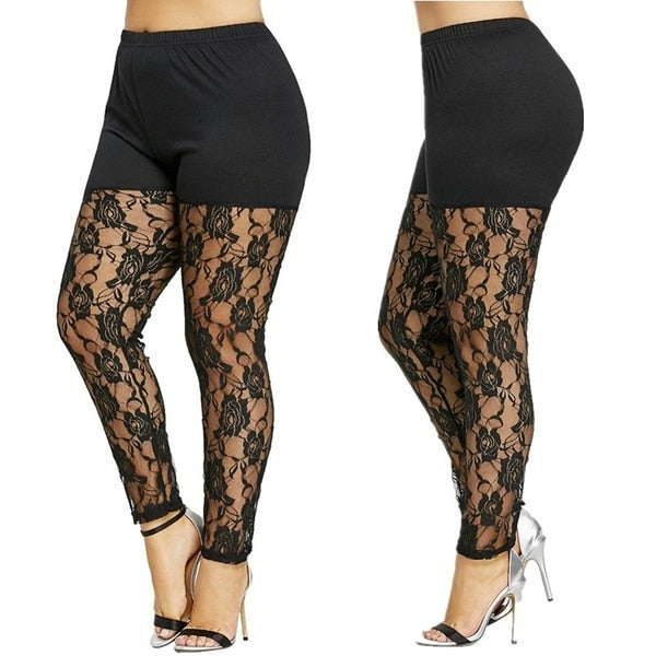 New Women Casual Skinny Pants Leggings Fashion Patchwork Print Mesh Elastic Waist Full Pencil Leggings Plus Size US