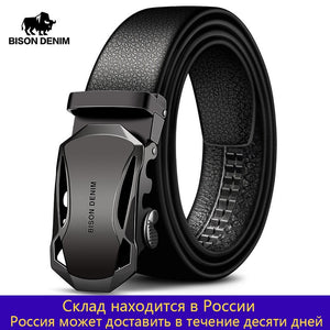 BISON DENIM Men's Belt Cow Leather Belts Brand Fashion Automatic Buckle Black Genuine Leather Belts for Men 3.4cm Width N71314