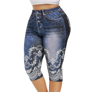 Printed False Denim Yoga Pant 3\4 Women Jeans Leggings High Waist Breeches Capri Pants Super Elastic Jeggings Plus Size 5XL