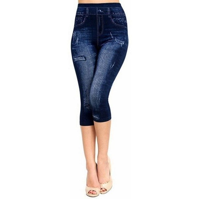 Printed False Denim Yoga Pant 3\4 Women Jeans Leggings High Waist Breeches Capri Pants Super Elastic Jeggings Plus Size 5XL