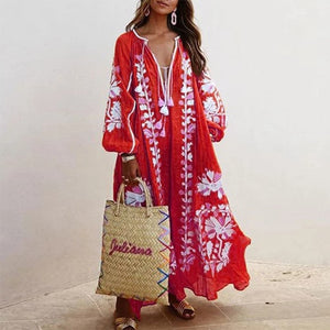 Lipswag Women Plus Size Retro Printed Lantern Sleeve Dress Autumn Casual O-neck Party Dresses Fashion Loose Belt Dress Vestidos