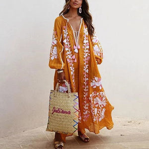 Lipswag Women Plus Size Retro Printed Lantern Sleeve Dress Autumn Casual O-neck Party Dresses Fashion Loose Belt Dress Vestidos