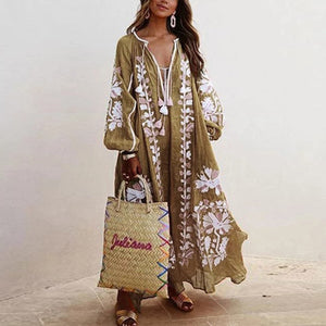 Lipswag Women Plus Size Retro Printed Lantern Sleeve Dress Autumn Casual O-neck Party Dresses Fashion Loose Belt Dress Vestidos