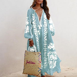Lipswag Women Plus Size Retro Printed Lantern Sleeve Dress Autumn Casual O-neck Party Dresses Fashion Loose Belt Dress Vestidos