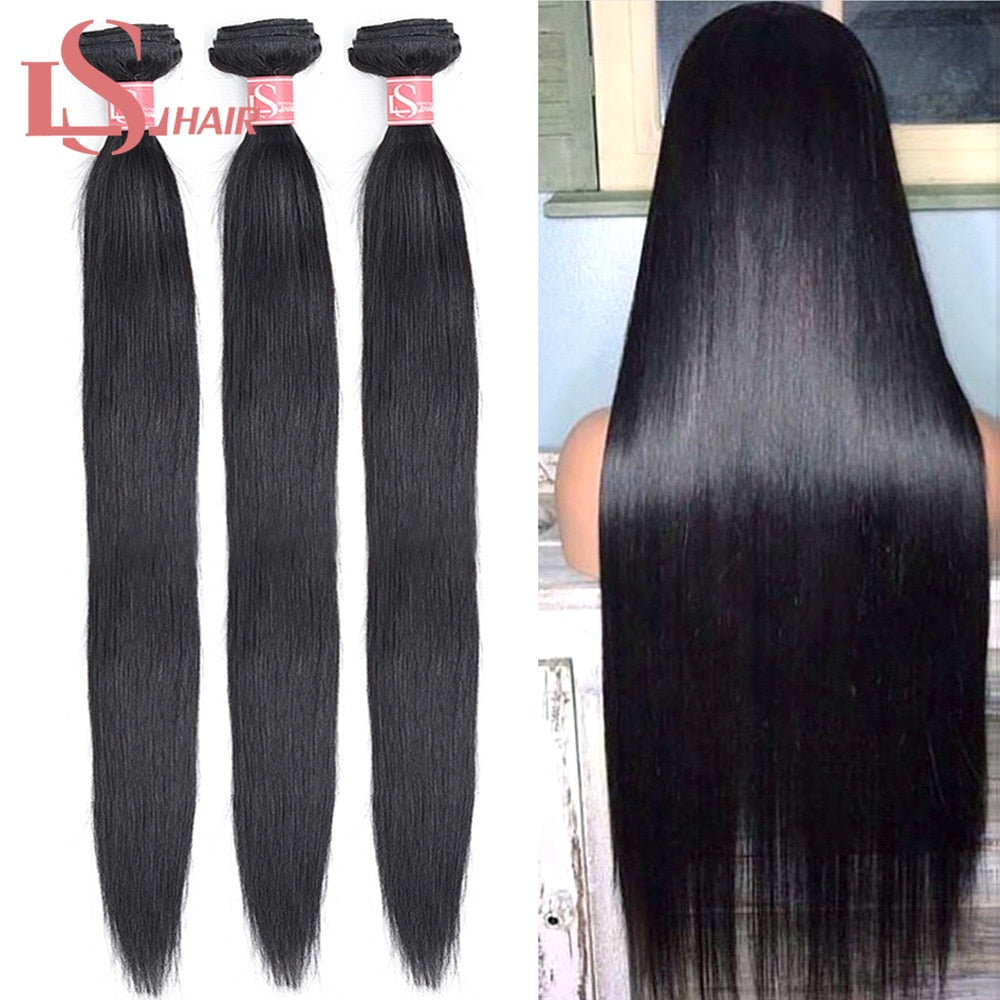 LS HAIR Straight 30 32 40 Inch 3 4 Bundles Brazilian Hair Weave Bundles Natural Color 100% Human Hair Long Remy Hair Extension
