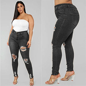 Women's Plus size jeans Black and blue high waist ripped jeans Fashion casual skinny denim pencil pants L-5XL drop shipping