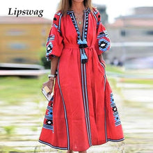 Load image into Gallery viewer, Lipswag Women Plus Size Retro Printed Lantern Sleeve Dress Autumn Casual O-neck Party Dresses Fashion Loose Belt Dress Vestidos
