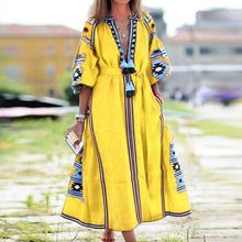 Load image into Gallery viewer, Lipswag Women Plus Size Retro Printed Lantern Sleeve Dress Autumn Casual O-neck Party Dresses Fashion Loose Belt Dress Vestidos
