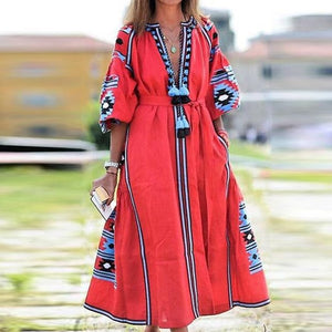 Lipswag Women Plus Size Retro Printed Lantern Sleeve Dress Autumn Casual O-neck Party Dresses Fashion Loose Belt Dress Vestidos
