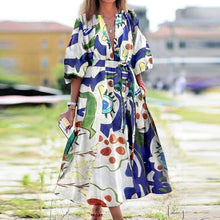 Load image into Gallery viewer, Lipswag Women Plus Size Retro Printed Lantern Sleeve Dress Autumn Casual O-neck Party Dresses Fashion Loose Belt Dress Vestidos
