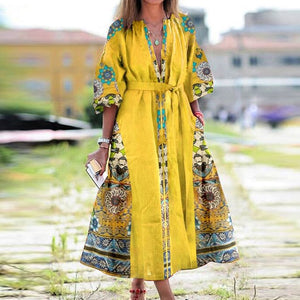 Lipswag Women Plus Size Retro Printed Lantern Sleeve Dress Autumn Casual O-neck Party Dresses Fashion Loose Belt Dress Vestidos