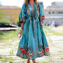 Load image into Gallery viewer, Lipswag Women Plus Size Retro Printed Lantern Sleeve Dress Autumn Casual O-neck Party Dresses Fashion Loose Belt Dress Vestidos
