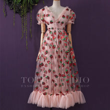 Load image into Gallery viewer, plus size Rhinestone Diamonds Strawberry Pink Mesh Maxi Dress Women Short Puff Sleeve Sexy V-neck Lace-up Bow Tunic Lolita
