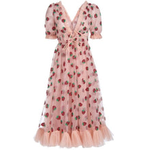 Load image into Gallery viewer, plus size Rhinestone Diamonds Strawberry Pink Mesh Maxi Dress Women Short Puff Sleeve Sexy V-neck Lace-up Bow Tunic Lolita
