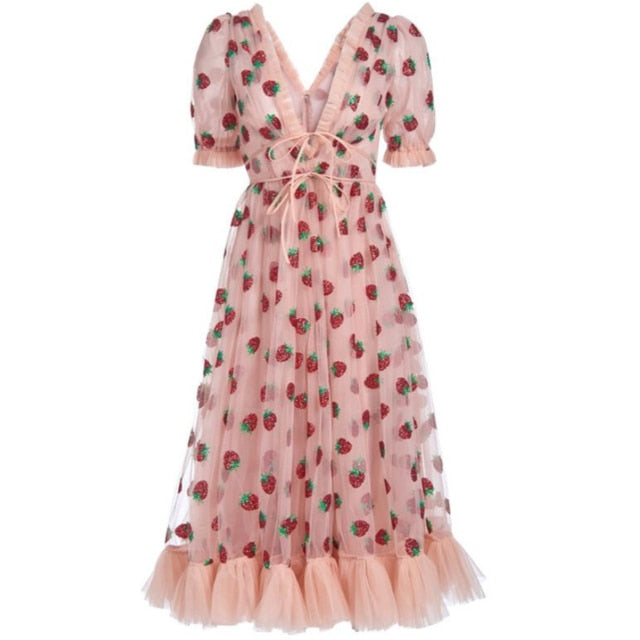plus size Rhinestone Diamonds Strawberry Pink Mesh Maxi Dress Women Short Puff Sleeve Sexy V-neck Lace-up Bow Tunic Lolita