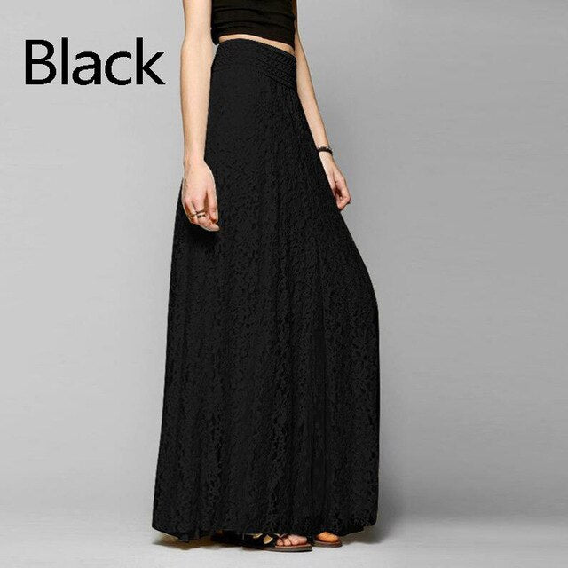 Bohemian Lace Floral Pleated Skirt Dress Women High Waist Tulle Female Skirts Casual Party Wedding Beach Top Woman White Black