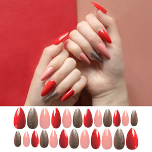 24pcs False Nail Artificial Tips Stiletto Fake Nails with design Fingernail art accessaries Press on Nails Red And Pink