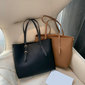 2pcs/Set Solid Color PU Handbag Women Big Capacity Casual Lady Shoulder Clutch Fashion Exquisite Shopping Bag