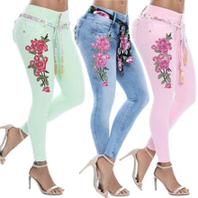 Load image into Gallery viewer, Plus Size Sexy Women Floral Embroidery High Waist Skinny Jeans Denim Long Pants Women High Waist Tassel Belt Slim Stretchy Jeans
