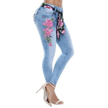 Load image into Gallery viewer, Plus Size Sexy Women Floral Embroidery High Waist Skinny Jeans Denim Long Pants Women High Waist Tassel Belt Slim Stretchy Jeans
