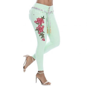 Plus Size Sexy Women Floral Embroidery High Waist Skinny Jeans Denim Long Pants Women High Waist Tassel Belt Slim Stretchy Jeans