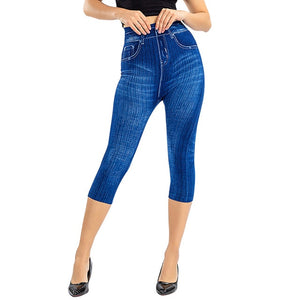 Plus Size Women Yoga Short Leggings  Faux Denim Ladies Short Pants  Floral Printed High Waist Female Shorts