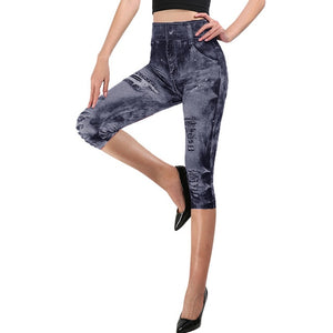 Plus Size Women Yoga Short Leggings  Faux Denim Ladies Short Pants  Floral Printed High Waist Female Shorts