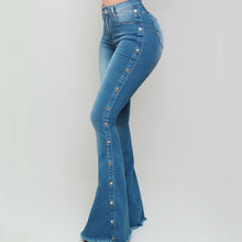 Load image into Gallery viewer, Plus Size Blue Washed Flare Denim Mom Jeans for Women Winter Spring Clothes Skinny Side Stripe High Waisted Sequined Pant Y2K
